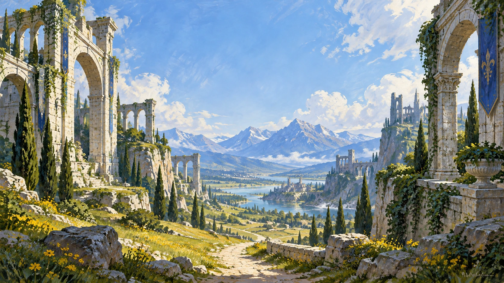A hand-painted valley of ancient arches, emerald gardens and distant blue mountains